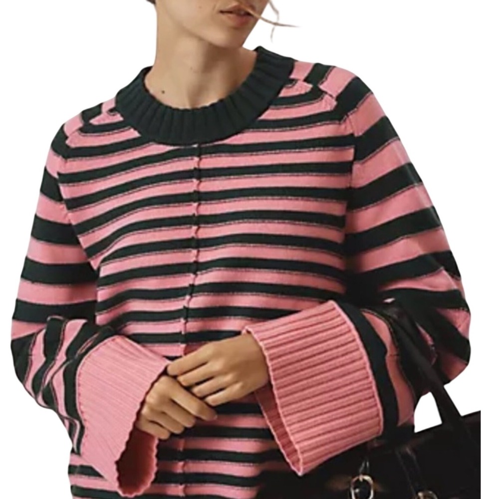 Maeve Anthropologie Pink Black Striped Bell Sleeve Sweater XS Wool Blend